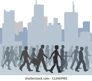 Crowd of city people walk together toward something against a buildings skyline