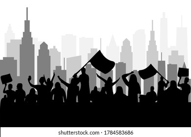 crowd city protest vector illustration. conflict demonstration.black lives matter etc. activist silhouette on white background.