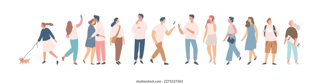 Crowd. City tiny people silhouette background characters. Male and female vector set isolated on white background.