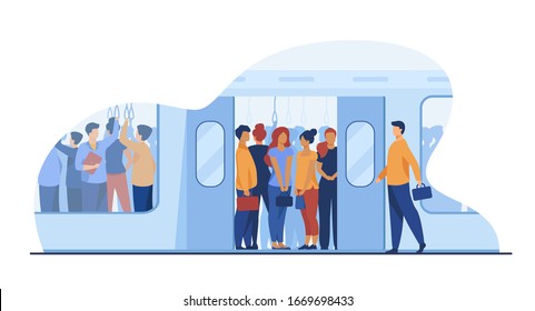 Crowd of commuters traveling by subway train. Metro passengers standing in overcrowding tube carriage. Vector illustration for public transport, commuting, rush hour concept