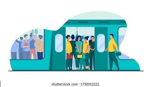 Pendelverkehr mit der U-Bahn. U-Bahn-Passagiere, die in einer überfüllten U-Bahn-Kutsche stehen. Vector Illustration für den öffentlichen Verkehr, Pendeln, Stoßzeitkonzept