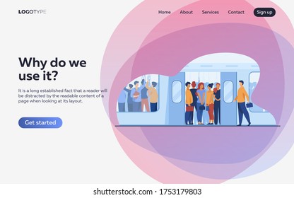 Crowd of commuters traveling by subway train. Metro passengers standing in overcrowding tube carriage. Vector illustration for public transport, commuting, rush hour concept