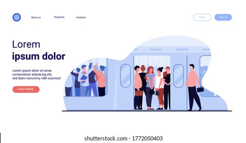 Crowd of commuters traveling by subway train. Metro passengers standing in overcrowding tube carriage. Vector illustration for public transport, commuting, rush hour concept