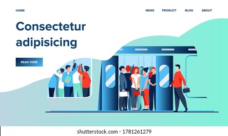 Crowd of commuters traveling by subway train. Metro passengers standing in overcrowding tube carriage. Vector illustration for public transport, commuting, rush hour concept