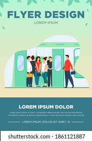 Crowd of commuters traveling by subway train. Metro passengers standing in overcrowding tube carriage. Vector illustration for public transport, commuting, rush hour concept