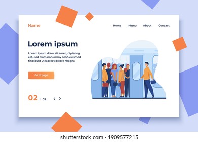 Crowd of commuters traveling by subway train. Metro passengers standing in overcrowding tube carriage. Vector illustration for public transport, commuting, rush hour concept