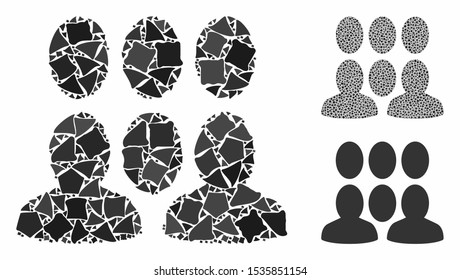 Crowd composition of ragged parts in variable sizes and color hues, based on crowd icon. Vector tuberous parts are combined into composition. Crowd icons collage with dotted pattern.