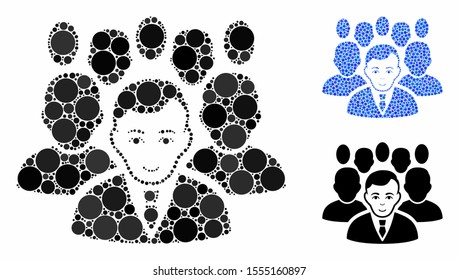 Crowd composition of round dots in various sizes and shades, based on crowd icon. Vector round elements are united into blue composition. Dotted crowd icon in usual and blue versions.