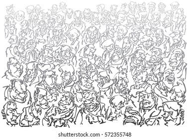 Crowd, comprised of several different characters, with a marker, gradually fading out in the distance