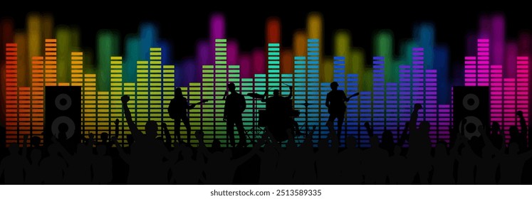 Crowd at concert with equalizer. Used for decoration, advertising design, websites or publications, banners, posters and brochures.