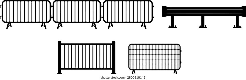 Crowd control barriers and metal barricades on a white background