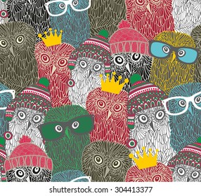 Crowd of cute doodle owl. Vector seamless pattern.