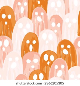 Crowd of cute ghosts forming a seamless vector pattern in a palette of pastel peach, brown and pastel pink over off white. Great for home decor, fabric, wallpaper, gift-wrap, stationery and packaging.