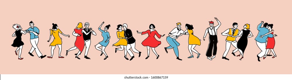 Crowd of dancing people in vintage style dresses and clothes. Swing dance horizontal banner. Lindy hop party characters, social event outline illustration. Solo and couples having fun