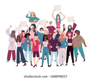 Crowd of demonstrators female protesting for equality and women empowerment.