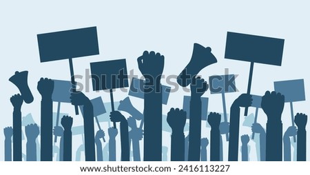 Crowd of demonstrators with placard. Silhouette of protesting people. Stock vector illustration.