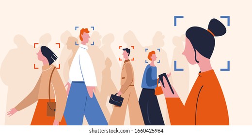 Crowd of different colored people. Face recognition using modern identification software, vector flat illustration. Cartoon woman use camera surveillance application for person recognition, isolated on white