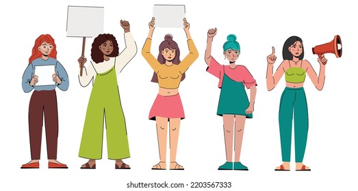 A crowd of different girls at the demonstration. Angry dissatisfied women protest with megaphone and banner placards. Aggressive lady protester at a political meeting, parade, rally