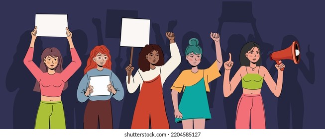 A crowd of different girls at the demonstration. Angry dissatisfied women protest with megaphone and banner placards. Aggressive lady protester at a political meeting, parade, rally