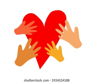 Una multitud de manos diferentes y un gran corazón. Caricatura. Ilustración vectorial.