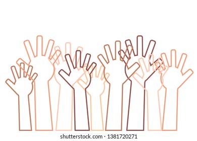 A crowd of different hands raised up. Vector illustration.