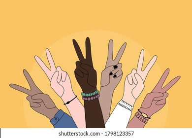 Se levantó una multitud de manos diferentes. Ilustración vectorial. Adolescente de dos dedos grupo de mano con brazo levantado. Dibujo manual.