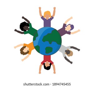 Crowd Of Different People In Community Standing Together In Front Of World. Day Of The Earth. Environment Protection And Ecology.