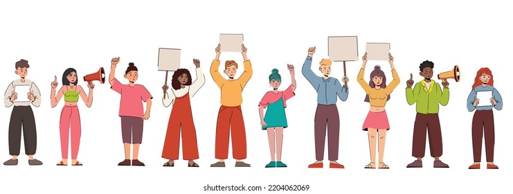Crowd of different people at the demonstration. Angry dissatisfied man and woman are protesting with megaphone and placards with banners. Protesting aggressive man at a political rally, parade, rally