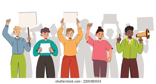 A crowd of different people  at the demonstration. Angry dissatisfied boys protest with megaphone and banner placards. Aggressive  protester mans at a political meeting, parade, rally