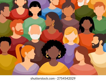 Crowd of different people. Diverse multicultural and multiracial group of people. Men, women, young and elderly, with various hairstyles. Teamwork, togetherness, community concept. Vector illustration