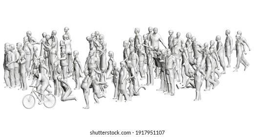 A crowd of different people in different positions. Polygonal figures of men, women, children. 3D. Vector illustration