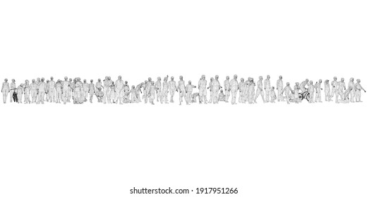 A crowd of different people in different positions. Wireframe figures of men, women, children. 3D. Vector illustration