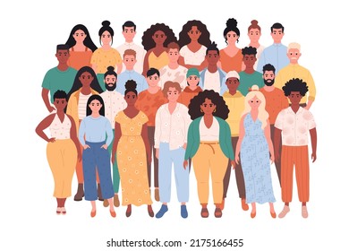 Crowd of different people of different races, body types. Social diversity of people in modern society. Hand drawn vector illustration