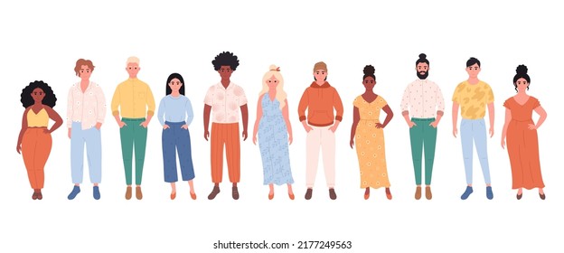 Crowd of different people of different races, body types. Social diversity of people in modern society. Hand drawn vector illustration