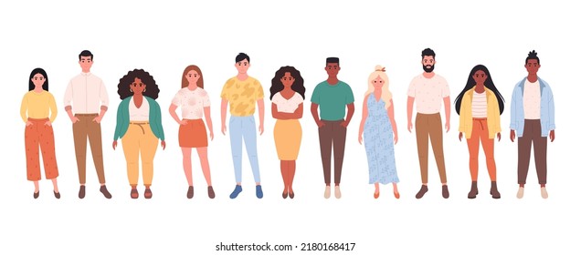 Multitud de personas de diferentes razas, tipos de cuerpo. Diversidad social de las personas en la sociedad moderna. Ilustración vectorial dibujada por mano