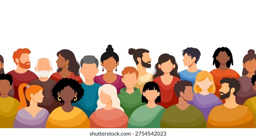 Crowd of different people. Seamless border, background. Diverse multicultural, multiracial group of people. Men, women, young, elderly, with various hairstyles, colourful clothes. Vector illustration