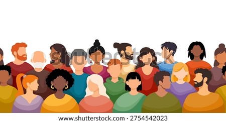 Crowd of different people. Seamless border, background. Diverse multicultural, multiracial group of people. Men, women, young, elderly, with various hairstyles, colourful clothes. Vector illustration