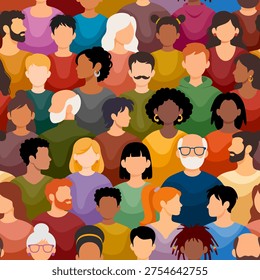 Crowd of different people. Seamless pattern, background. Diverse multicultural, multiracial group of people. Men, women, young, elderly, with various hairstyles, colourful clothes. Vector illustration