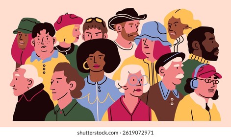 Crowd of different people stand side by side. Diverse multicultural, multiracial people. Cartoon style characters. Teamwork, togetherness, community concept. Hand drawn colorful Vector illustration