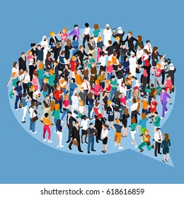 Crowd of different people standing in form of speech bubble isometric concept on blue background vector illustration