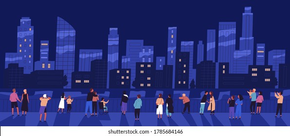 Crowd Of Different People Standing On Waterfront Admiring Night Cityscape Vector Flat Illustration. Man, Woman, Children And Couple Relaxing Outdoor Walking On Embankment. View Of City Buildings