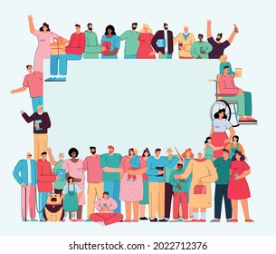 Crowd of different people standing together around blank banner. Community of multicultural people with different social statuses flat vector illustration. Population, society concept