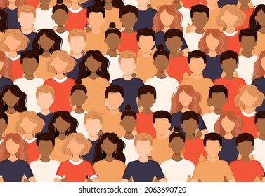 Crowd of different people are standing together. Poster with a group of men and women. Social diversity, society. Vector illustration in a flat style. No face.