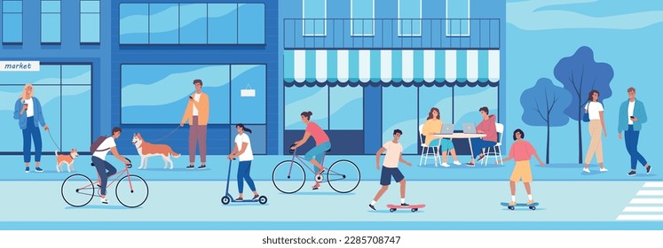 Crowd of different people walking, cycling, skating in the modern city street