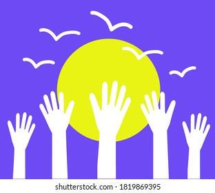 A crowd of different people's hands are raised together. Vector illustration.