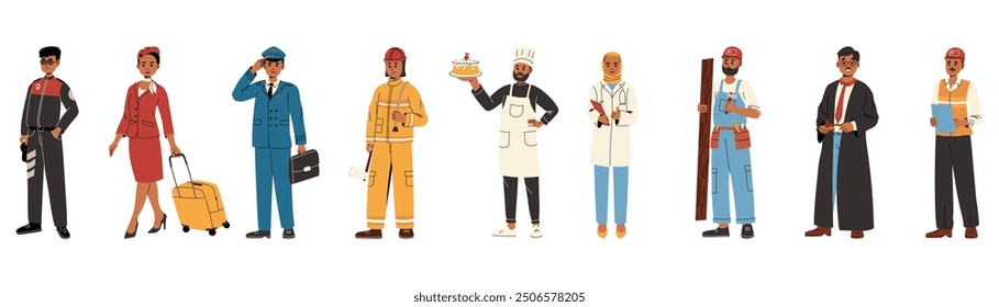 Crowd of different professions. Policeman, stewardess, pilot, fireman, pastry chef, doctor, builder, judge, engineer. Vector illustration.