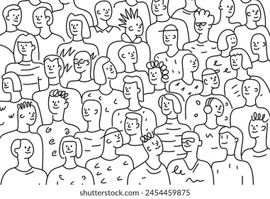 A crowd of different smiling people, doodle black and white illustration.