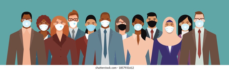 Crowd of diverse business people wearing face mask to protect themselves from the epidemic. Flat design vector illustration.