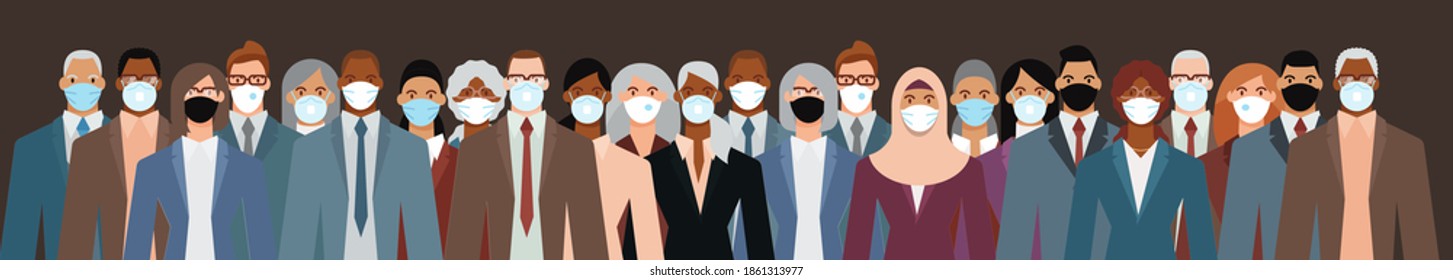 Crowd of diverse business people wearing face mask to protect themselves from the epidemic. Flat design vector illustration.