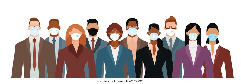 Crowd of diverse business people wearing face mask to protect themselves from the epidemic. Flat design vector illustration.